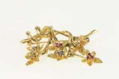 14K Yellow Gold Diamond Sapphire Ruby Leaf Fringe Pin/Brooch