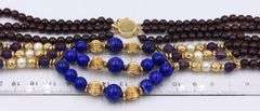 3 Row Garnet, pearl, lapis and gold beaded necklace
