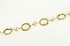14K Yellow Gold Retro Oval Pearl Link Vintage Chain Bracelet