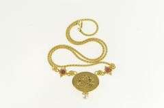 18K Yellow Gold Designer Roman Revival Ornate Ruby Necklace
