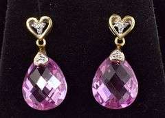 Lovely 14K Yellow Gold Pink Topaz and Diamond Dangle Earrings