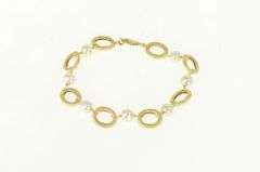 14K Yellow Gold Retro Oval Pearl Link Vintage Chain Bracelet