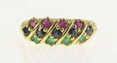14K Yellow Gold Natural Emerald Ruby Sapphire Striped Band Ring