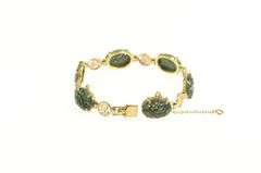 14K Yellow Gold Nephrite Floral Carved Stone Chinese Bracelet