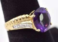Beautiful 14K Yellow Gold Amethyst and Diamond Gemstone Ring