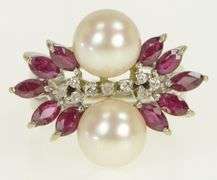 18K White Gold 1950's Pearl Diamond Ruby Cluster Ring