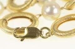 14K Yellow Gold Retro Oval Pearl Link Vintage Chain Bracelet