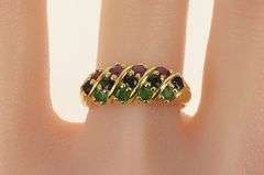 14K Yellow Gold Natural Emerald Ruby Sapphire Striped Band Ring