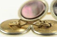 10K Yellow Gold Art Deco Round Abalone Pinstriped Circle Cuff Links
