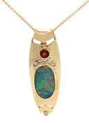 Opal Garnet and 0.15ctw Diamond Abstract Pendant Necklace in 18K