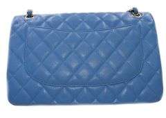 CHANEL Blue Quilted Jumbo Classic Double Flap, Caviar Leather Shoulder Bag W/ Dustbag & Card