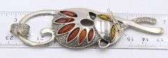 Vintage 925 sterling silver Amber cat pendant