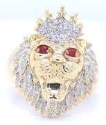 10kt Yellow gold 1ctw diamond and ruby eye lion head ring