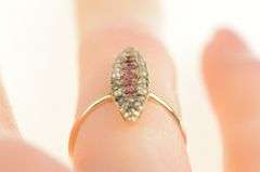 14K Yellow Gold Victorian Ruby Seed Pearl Navette Ring