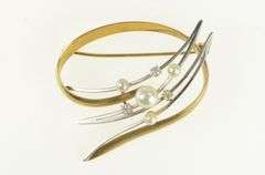 18K Yellow Gold Pearl Diamond Two Tone Vintage Swirl Pin/Brooch