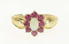 14K Yellow Gold Natural Opal Ruby Halo Unique Statement Ring