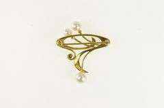 18K Yellow Gold Vintage Pearl Diamond Ornate Swirl Pin/Brooch