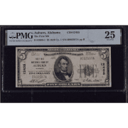 $5 1929 Ch# 12455 First National Bank of Auburn, AL =FINEST KNOWN= Rare PMG VF 25