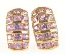 14K Yellow Gold Pink CZ Encrusted Curved Bar Statement Earrings