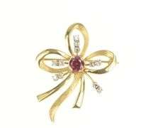 14K Yellow Gold 1930's Syn. Ruby Diamond Accent Bow Ribbon Pin/Brooch