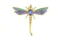 14K Yellow Gold 0.50 Ctw Sapphire Diamond Enamel Dragonfly Pin/Brooch