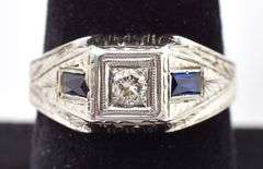 Vintage Beautiful 14K White Gold Diamond and Blue Sapphire Gemstone Ring