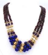 3 Row Garnet, pearl, lapis and gold beaded necklace