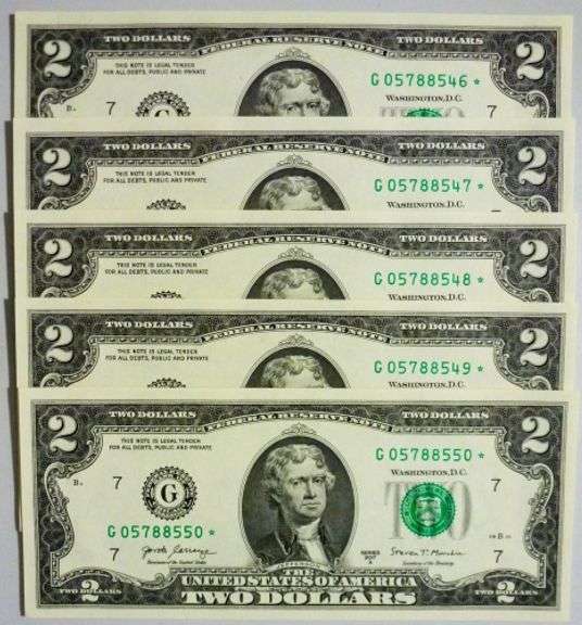 (5) Superb Crisp 2017A $2 Star Replacement Notes Chicago-Consecutive!