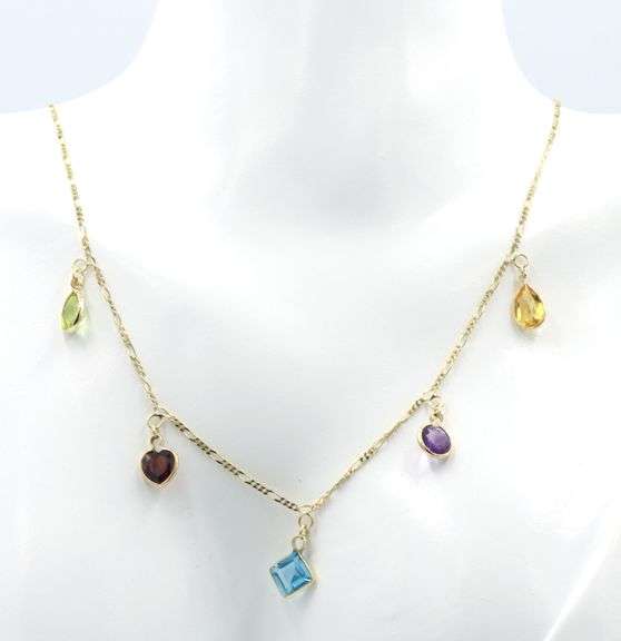 14kt Yellow gold bezel set multi gemstone station dangle necklace