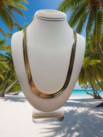Huge 127.7 Gram 14 K Gold Plated Tri-Layered Herringbone Necklace
