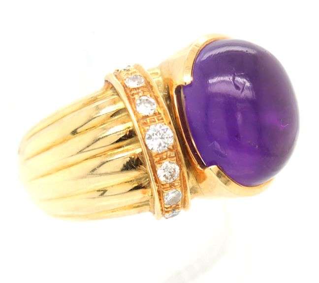 18K Yellow Gold Amethyst and Diamond Ring