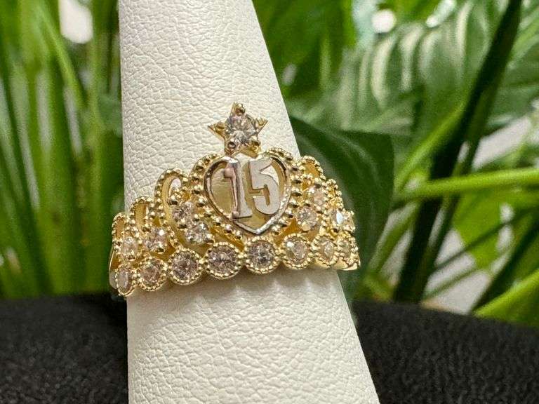 10k Yellow Gold White CZ Tiara Princess Crown Quinceanera 15 Anos Girl Ring Size 6.5