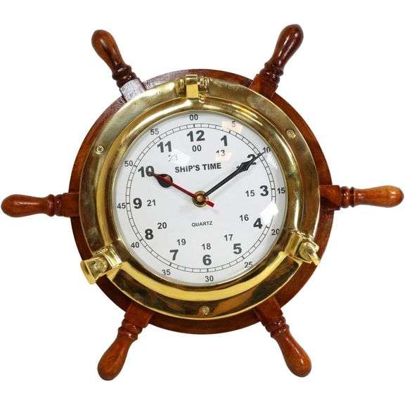Nautical Wood & Brass Ship Wheel Clock