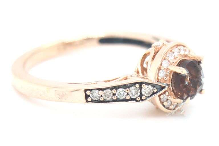 14kt Rose gold LeVian checkerboard cut smokey quartz with chocolate and white diamond ring