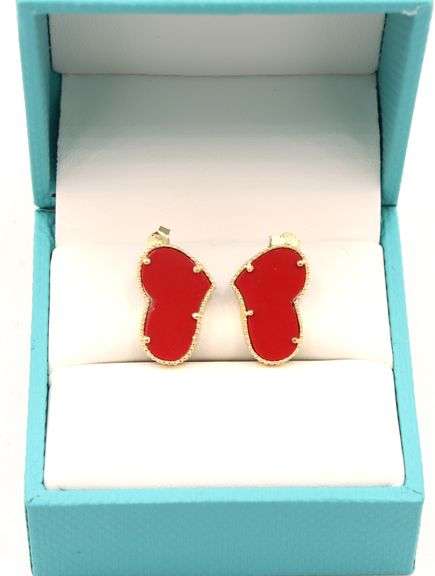 Lovely 14K Yellow Gold Coral Heart Shaped Earrings