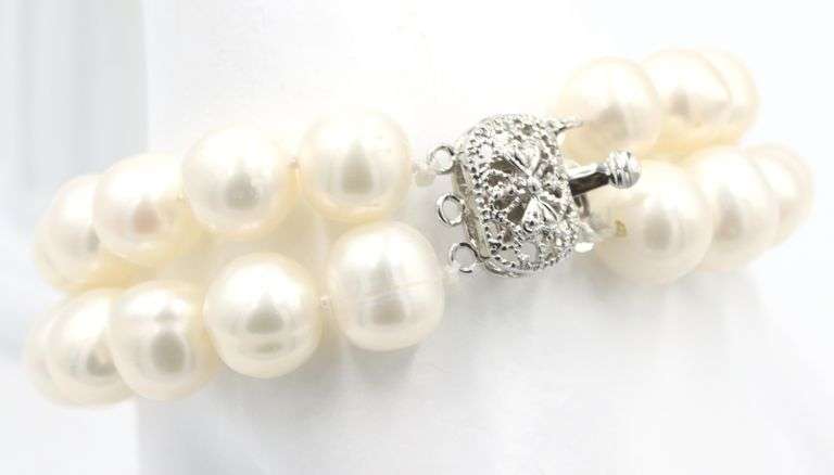 Set of white freshwater pearl double strand necklace and matching bracelet