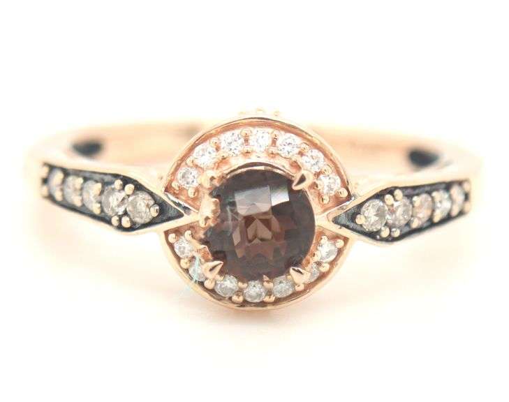 14kt Rose gold LeVian checkerboard cut smokey quartz with chocolate and white diamond ring