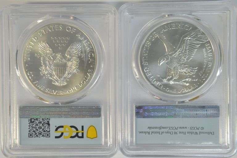 2 diff. Perfect PCGS MS70 graded First Strike Silver Eagles, 2020 & 2021