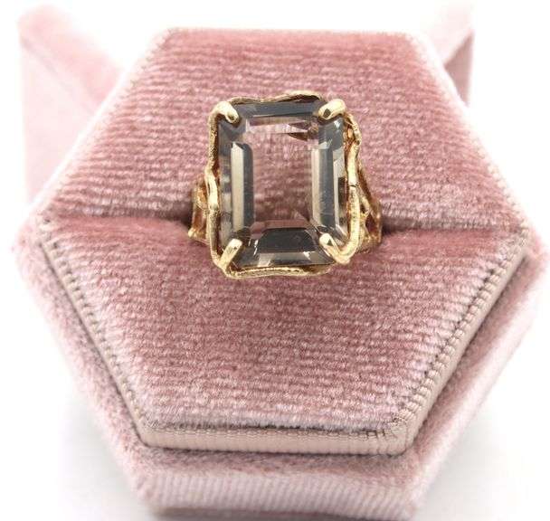 Adorable 14K Yellow Gold Emerald Cut Smoky Quartz Ring