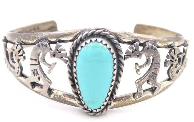 Vintage 925 sterling silver signed Southwest Estate bracelet with oval turquoise and kokopellis