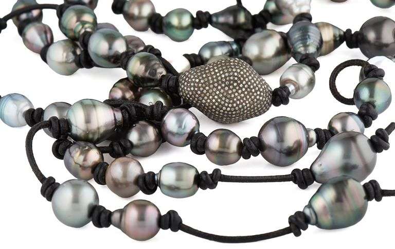 Gray Baroque Pearl and Diamond Accent Center Leather Strand Necklace in Sterling