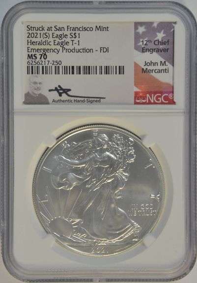 John M. Mercanti signed 2021(S) NGC MS70 graded American Silver Eagle