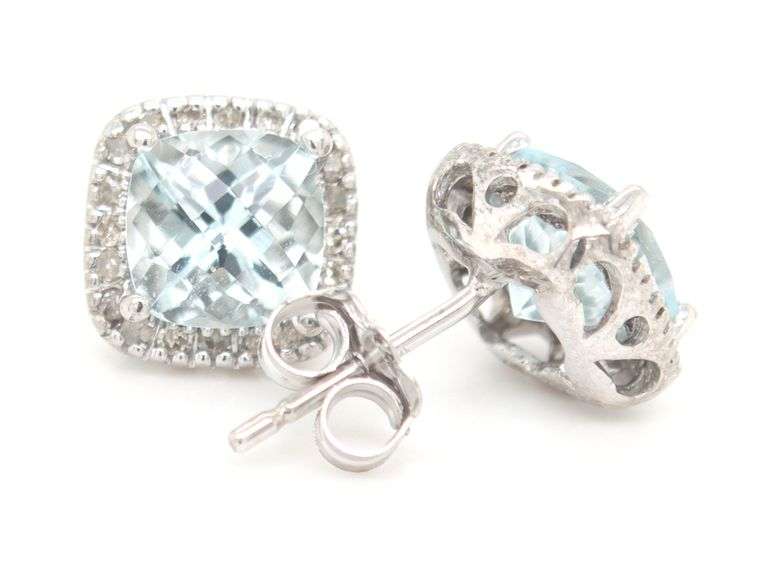 10kt White gold Cushion Aquamarine and diamond halo stud earrings