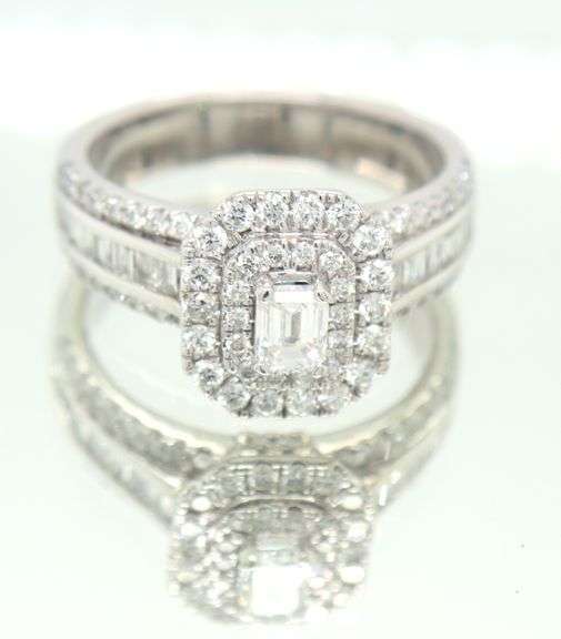14kt White gold Modern bride 1-3/8ctw Emerald cut, baguette and round cluster engagement ring