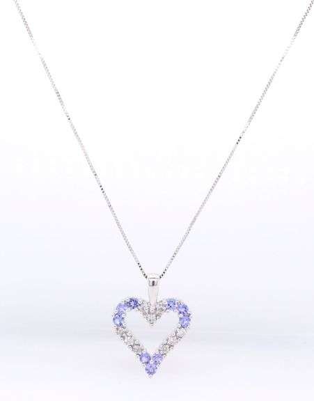 Divine White Gold Diamond and Tanzanite open Heart Shaped Pendant on Box Chain Necklace