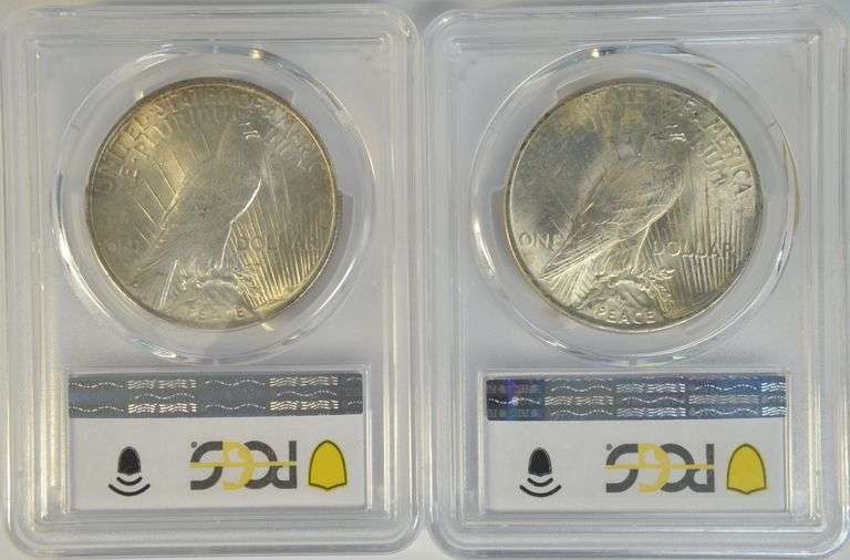 Creamy-white nearly Gem BU 1924 & 1925 Peace Silver Dollars. PCGS MS64's