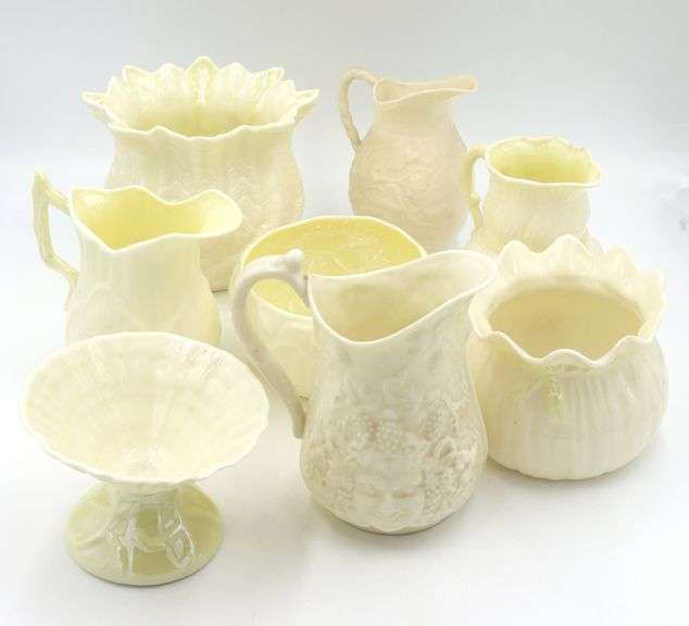 Group lot of 8 Belleek Ivy yellow mini creamer and bowls