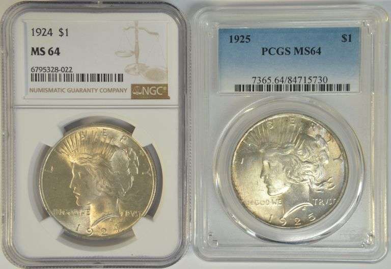Near Gem BU 1924 (NGC) & 1925 (PCGS) Peace Silver Dollars