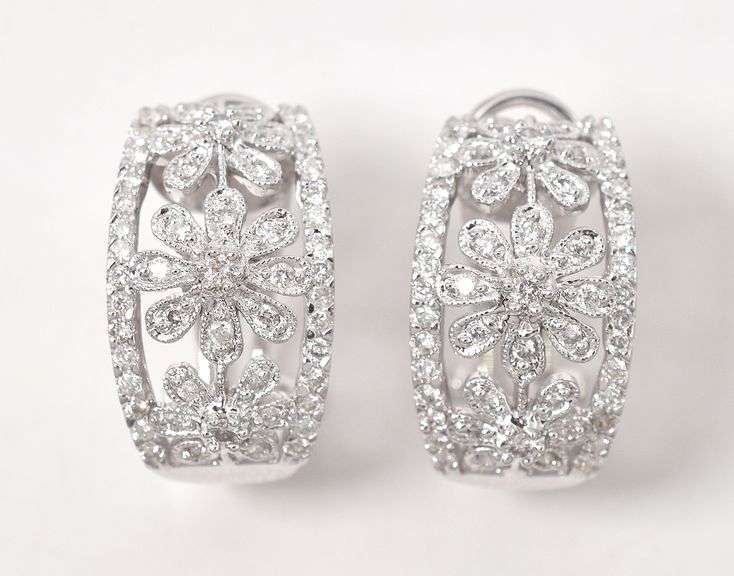 Dreamy Floral Diamond J-Hoop Earrings in 14K White Gold