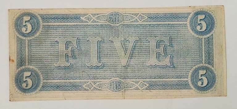 1864 $5 Dollar Confederate States of America Note, Circulated